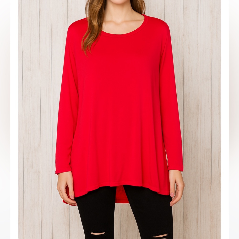 New 1X 2X Plus Size Stretchy Red Women's Long Sleeve Blouse Top